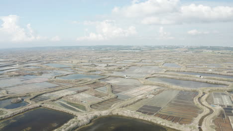 aerial drone point of view of the marais salants de guerande or guerande salt marshes