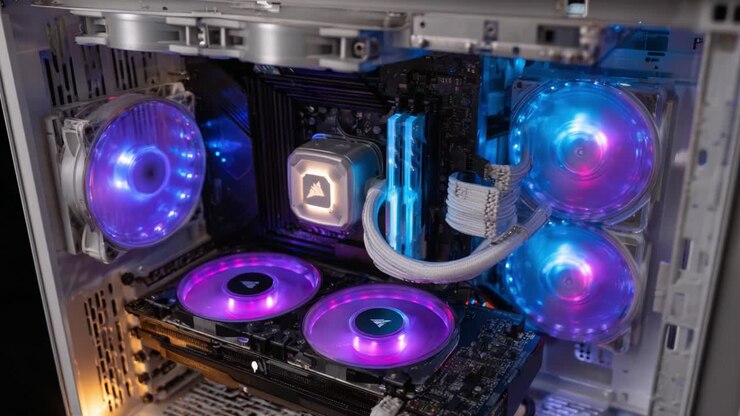 Dynamic Close-Up of a Modern Gaming PC Interior Showcasing RGB Lighting Effects and Advanced Cooling Solutions for Maximum Performance and Aesthetic Appeal
