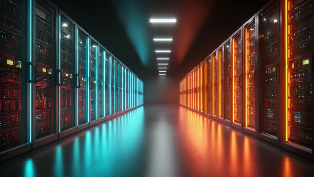 Udforskning af et højteknologisk datacenter: Et dobbelt perspektiv på oplyste serverracks med levende farver og komplekse netværk i et moderne digitalt lagermiljø.