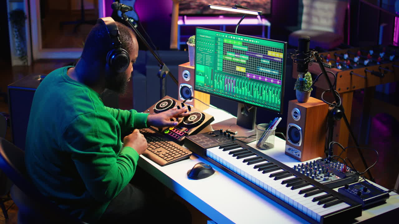 músico talentoso creando nuevas bandas sonoras en la consola de mezcla