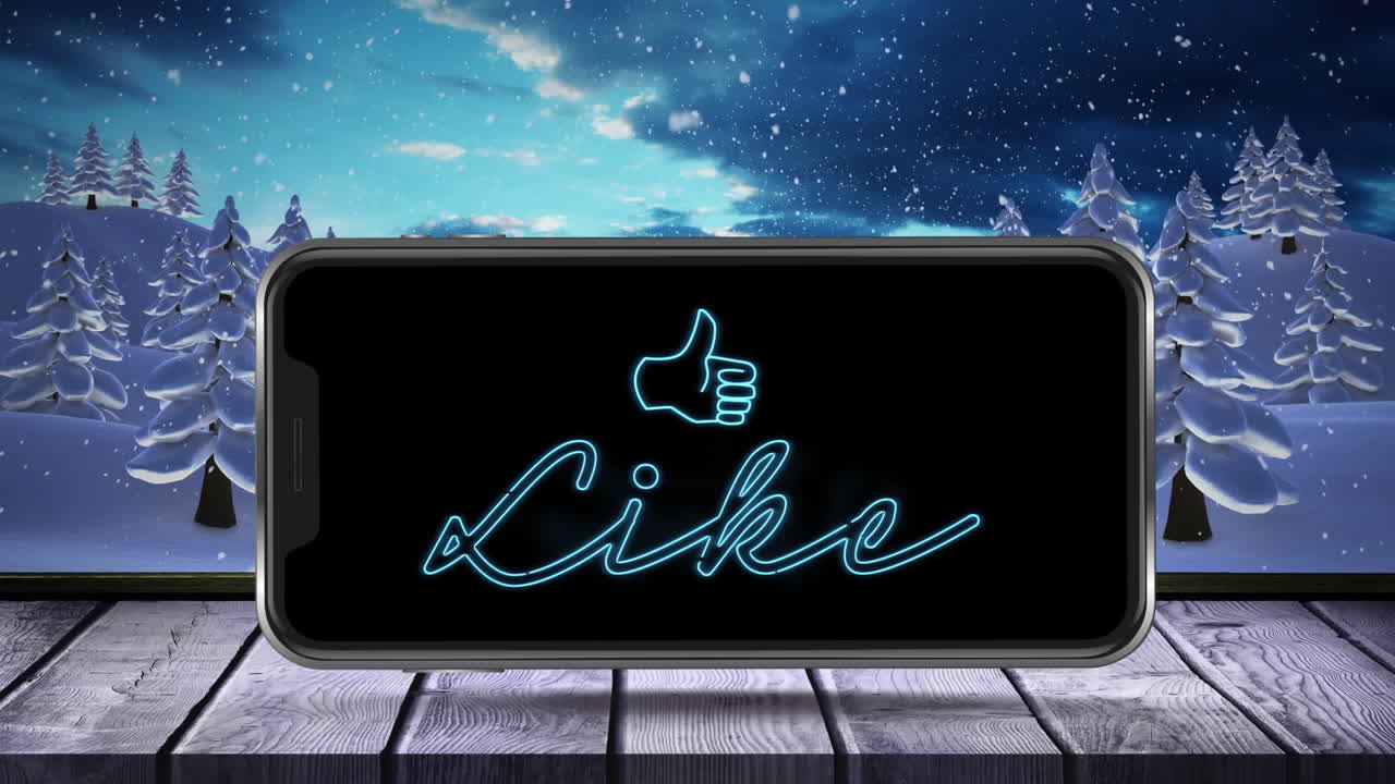 Schermo animato di smartphone a tema festivo con testo sfarfallante e pollice in su in un'ambientazione innevata