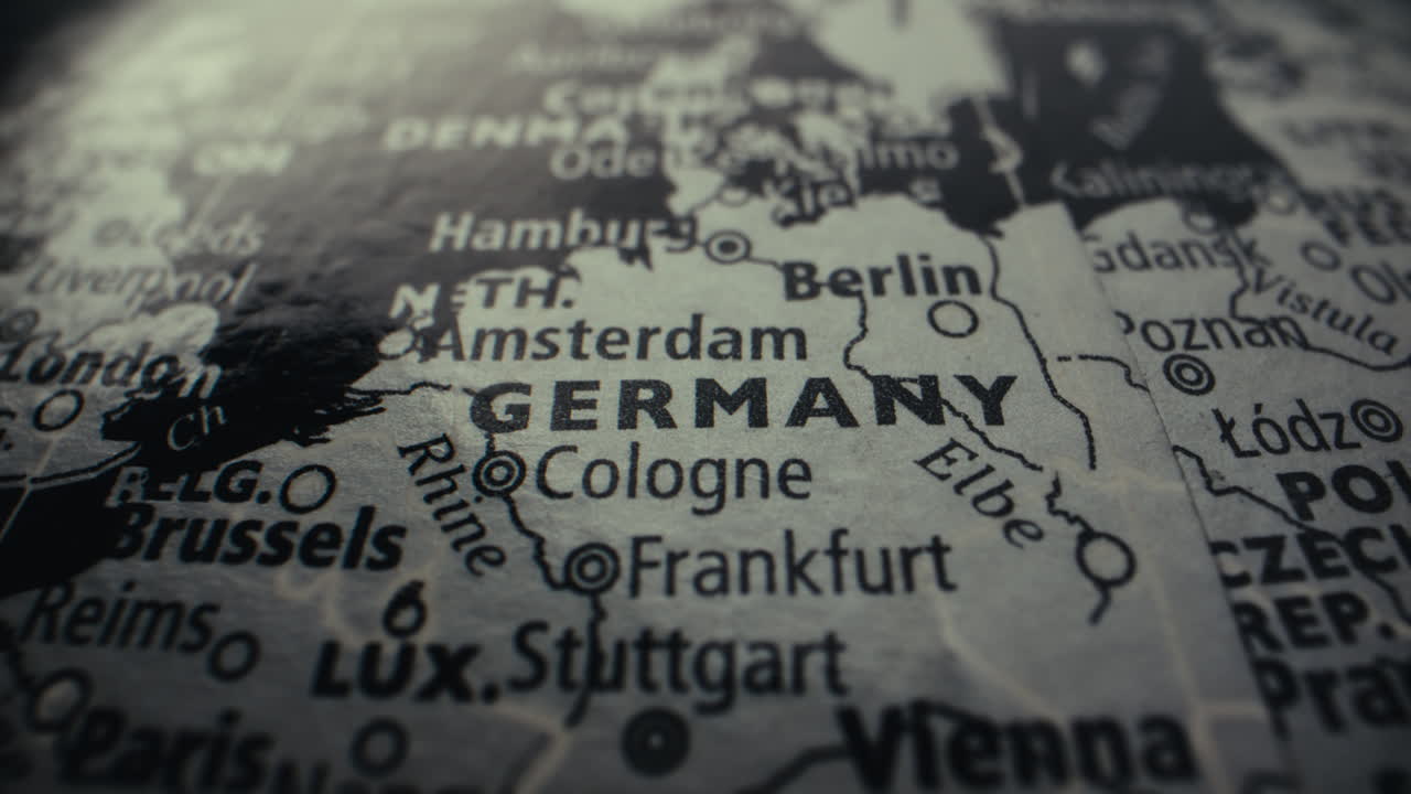 Close-up of a map of Europe, focusing on Germany