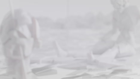 White, crushed android shells on spikes on a foggy junkyard