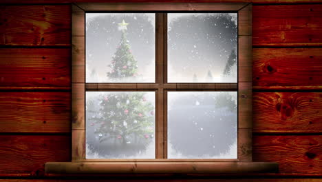 Digital animation of wooden window frame against snow falling over christmas tree