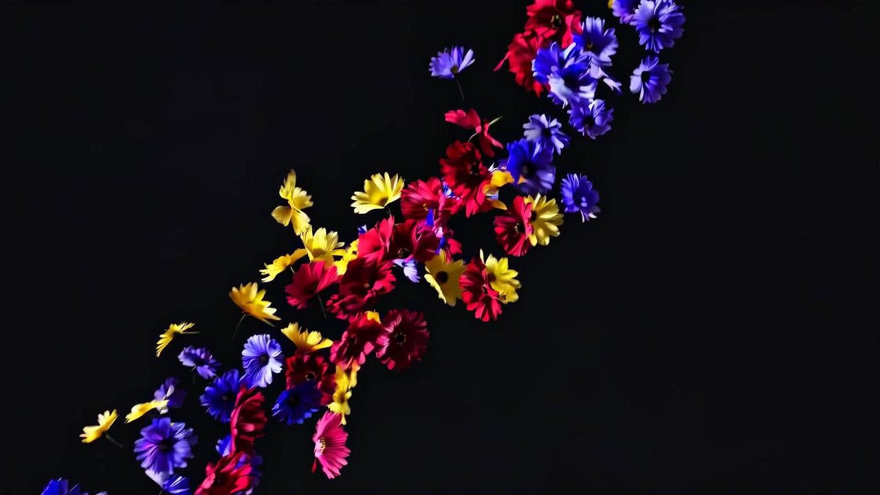 Colorful Flowers Floating Against a Black Background