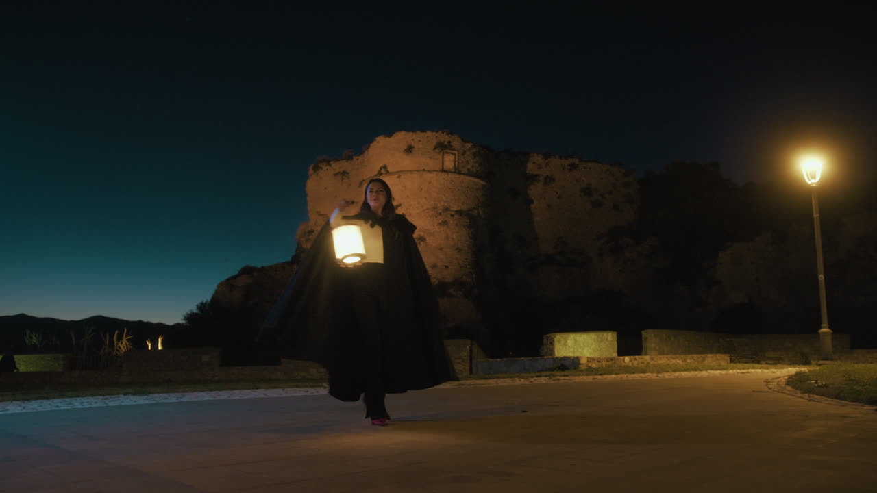 mujer con capa y linterna gira en un círculo pirouette por la noche cerca de un castillo