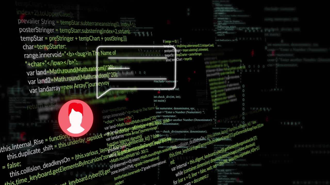 Animation of icon and speech bublle and data processing over dark background