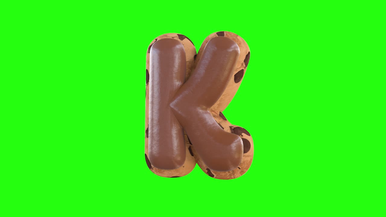 Animazione 3D della lettera K che ricrea un biscotto con cioccolato sopra