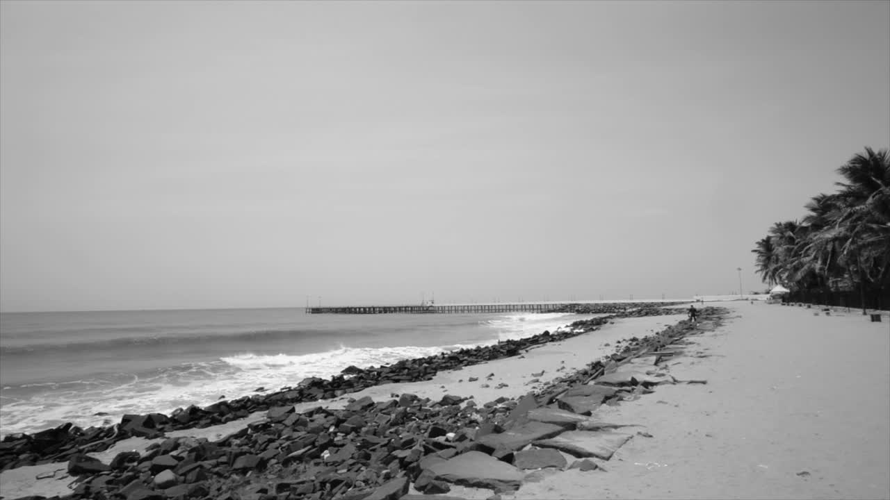 Promenade beach front panorama shot in black and white