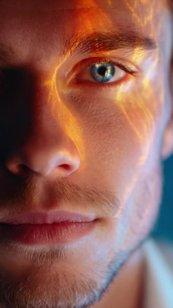 Close-up Portrait Revealing Unconventional Lighting Effects on a Male Model's Face, Capturing Intense Emotion and Unique Color Patterns in a Dramatic Mood