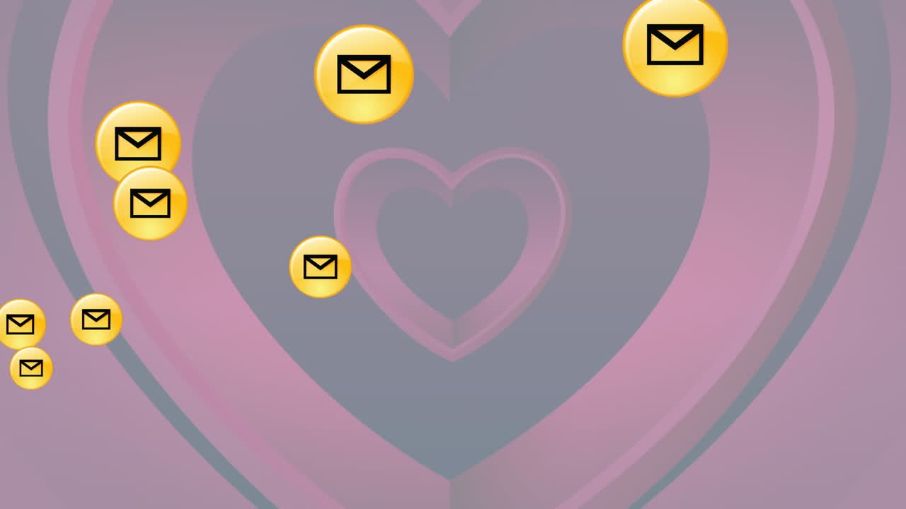 múltiplos ícones de mensagem flutuando sobre corações vermelhos concêntricos contra fundo preto