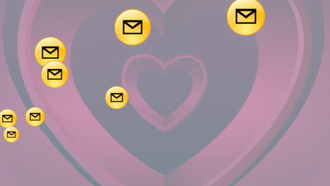 multiple message icons floating over concentric red hearts against black background