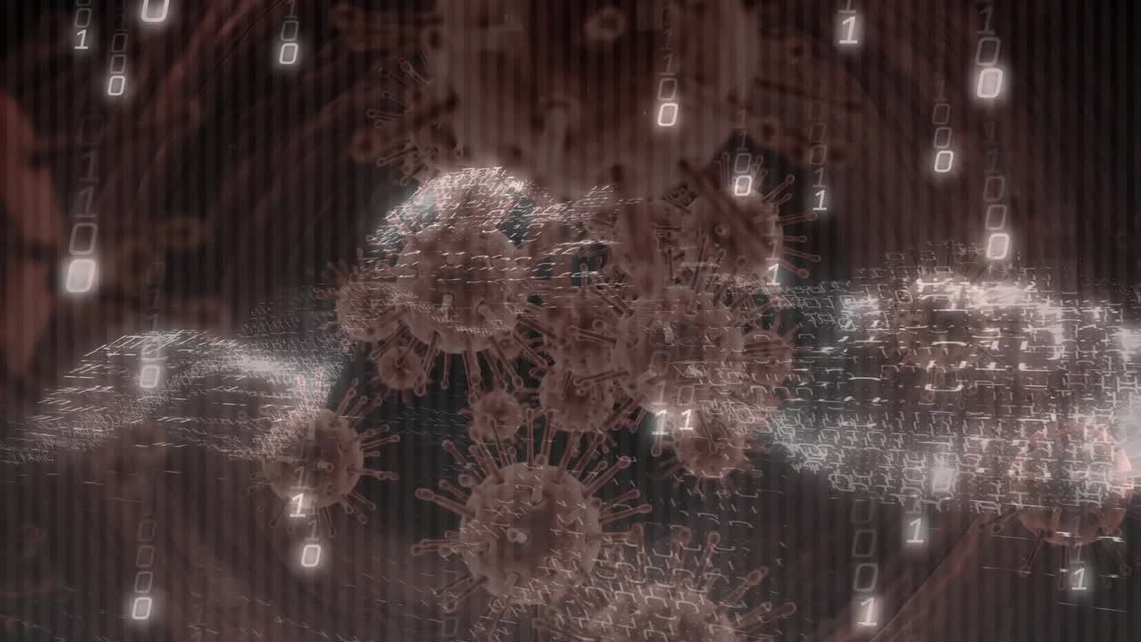 Zooming revealing drifting particle cluster glowing binary streams cascading into grid merging data