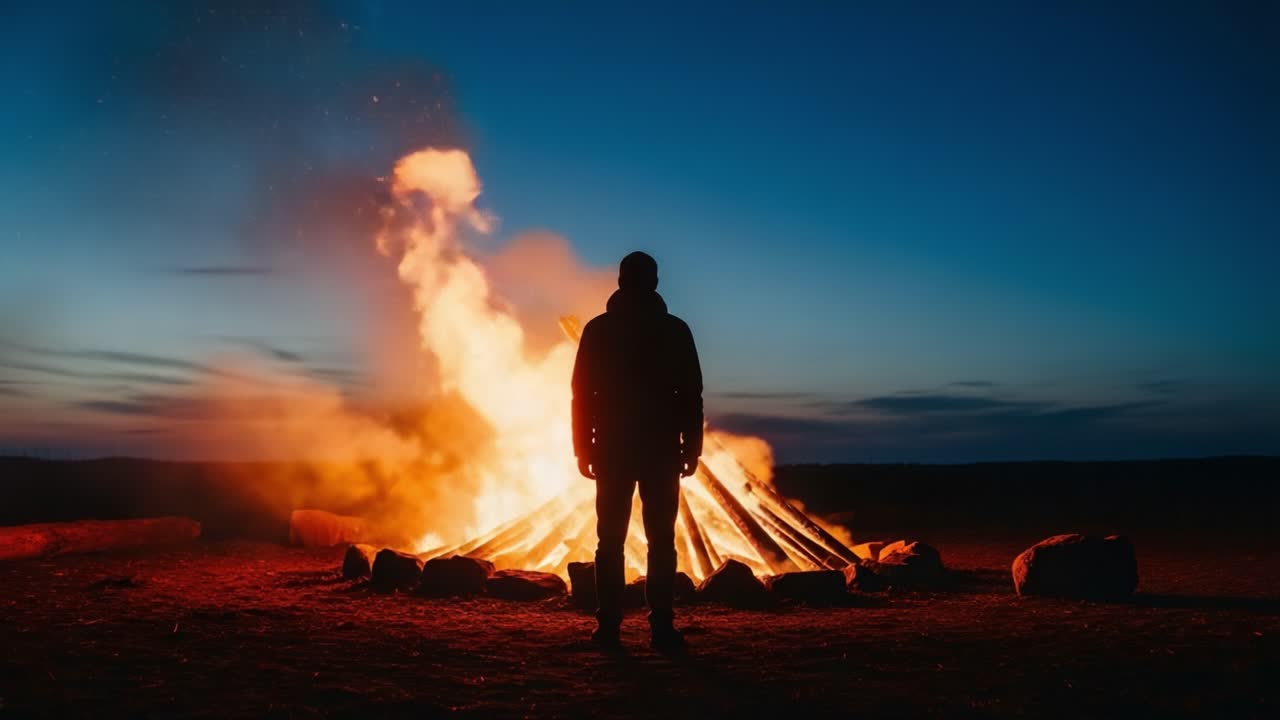 A Solemn Figure Stands in Silhouette Against a Vibrant Campfire, Surrounded by Flickering Flames and an Expansive Twilight Sky, Capturing a Moment of Reflection and Warmth