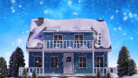 Digital-animation-of-snow-flakes-over-house-against-blue-sky