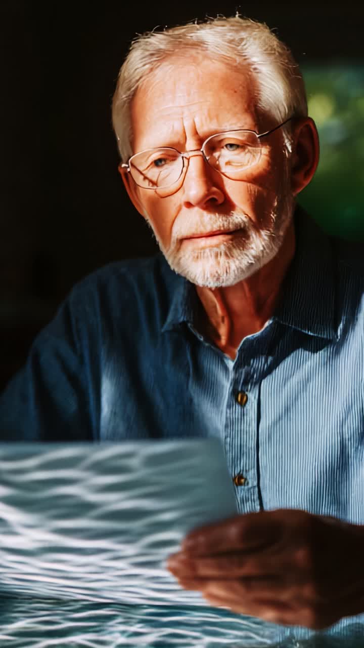 Un anciano contemplativo examina atentamente una hoja de papel texturizado, iluminada por una suave luz natural, capturando un momento de reflexión y curiosidad