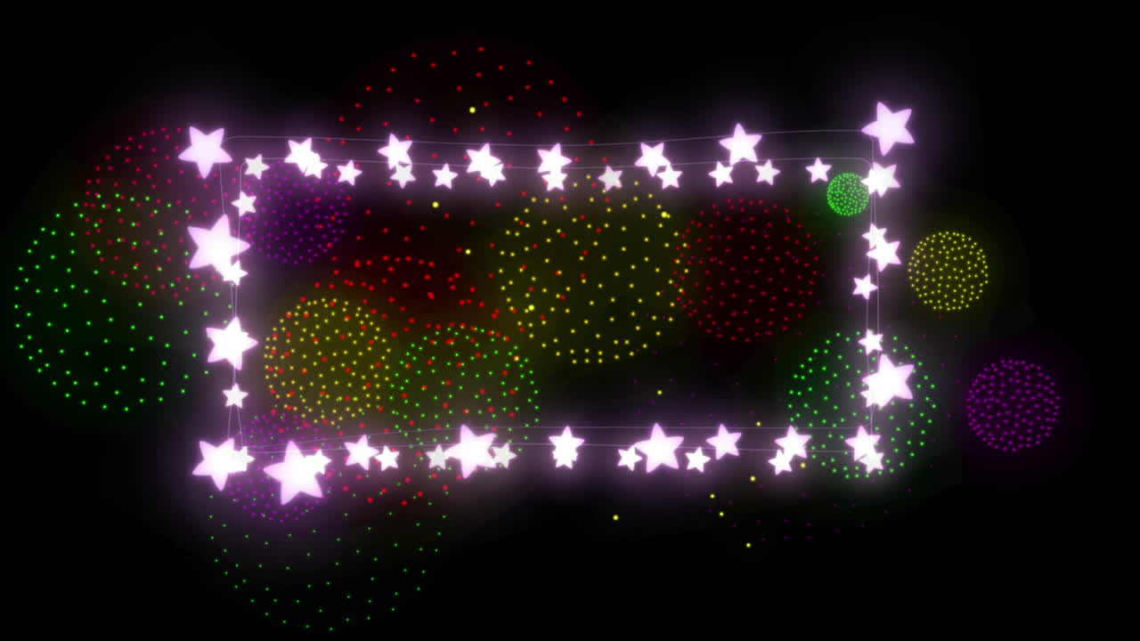 검은색 배경에 모양과 불꽃놀이 위에 요정 불빛의 애니메이션