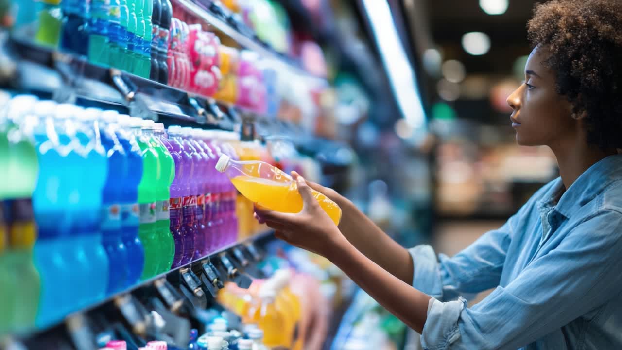 A young woman examines beverage options in a supermarket aisle, highlighting the vibrant colors and variety of drinks while making a mindful choice regarding her hydration