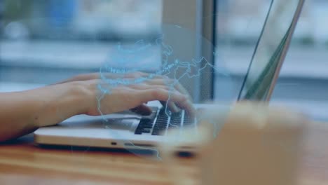 Animation-of-data-processing-over-spinning-globe-against-mid-section-of-woman-using-laptop-at-a-cafe