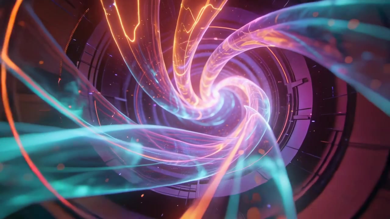 Rotating center vortex pulling teal orange ribbons inward in tunnel, core charging