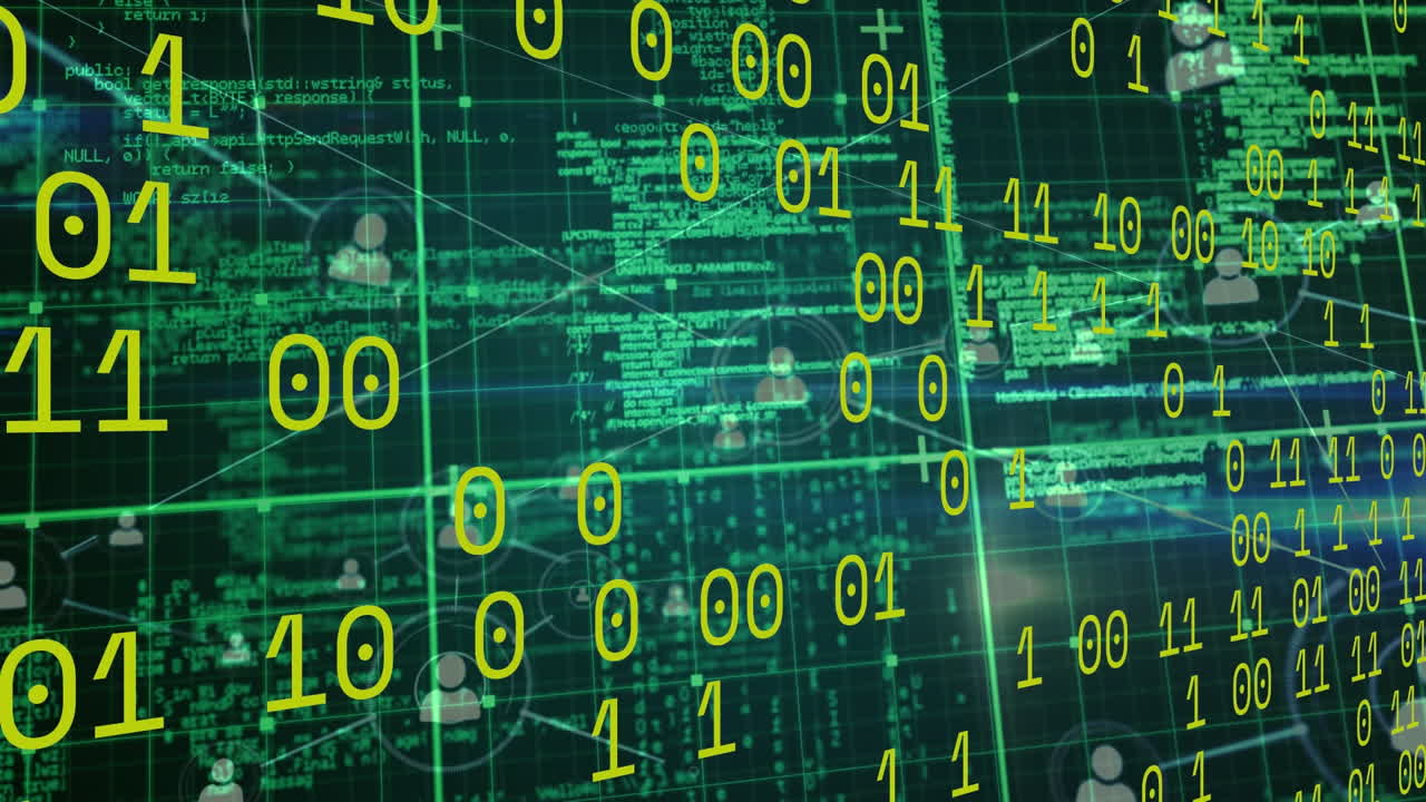 Animation of data processing and network of connections over dark background