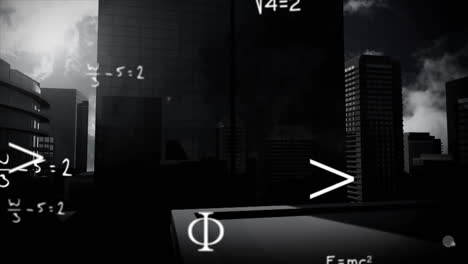 animation of mathematical equations over cityscape