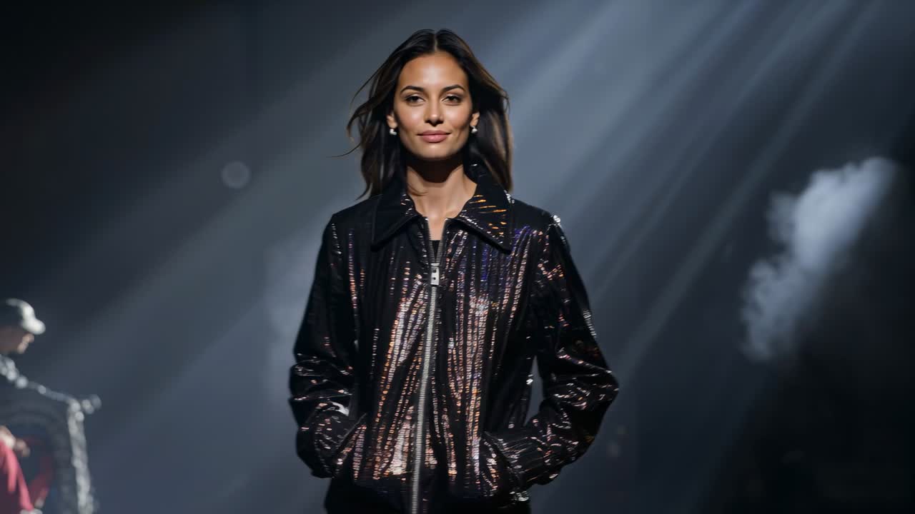 Walking female model moving down runway as show starts showing glossy jacket under lights and fog