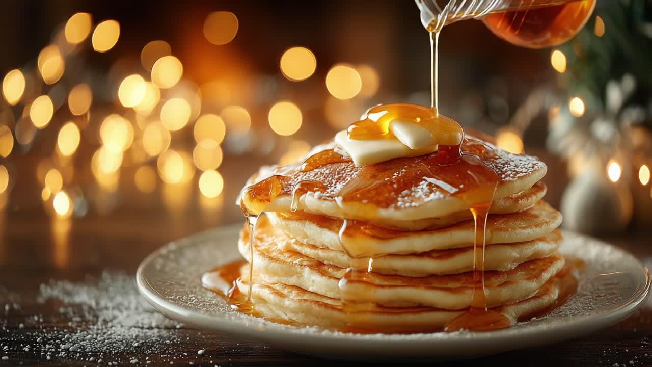 Indulge in the Delight of Stacked Pancakes with Melted Butter and Drizzling Syrup, Perfectly Set Against a Warm, Cozy Background of Twinkling Lights