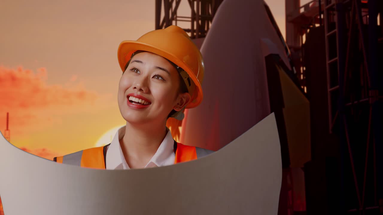 안전 헬을 입은 아시아 여성 엔지니어가 손에 블루프린트를 들고 우주왕복선에 서서 주위를 둘러보고 있습니다.