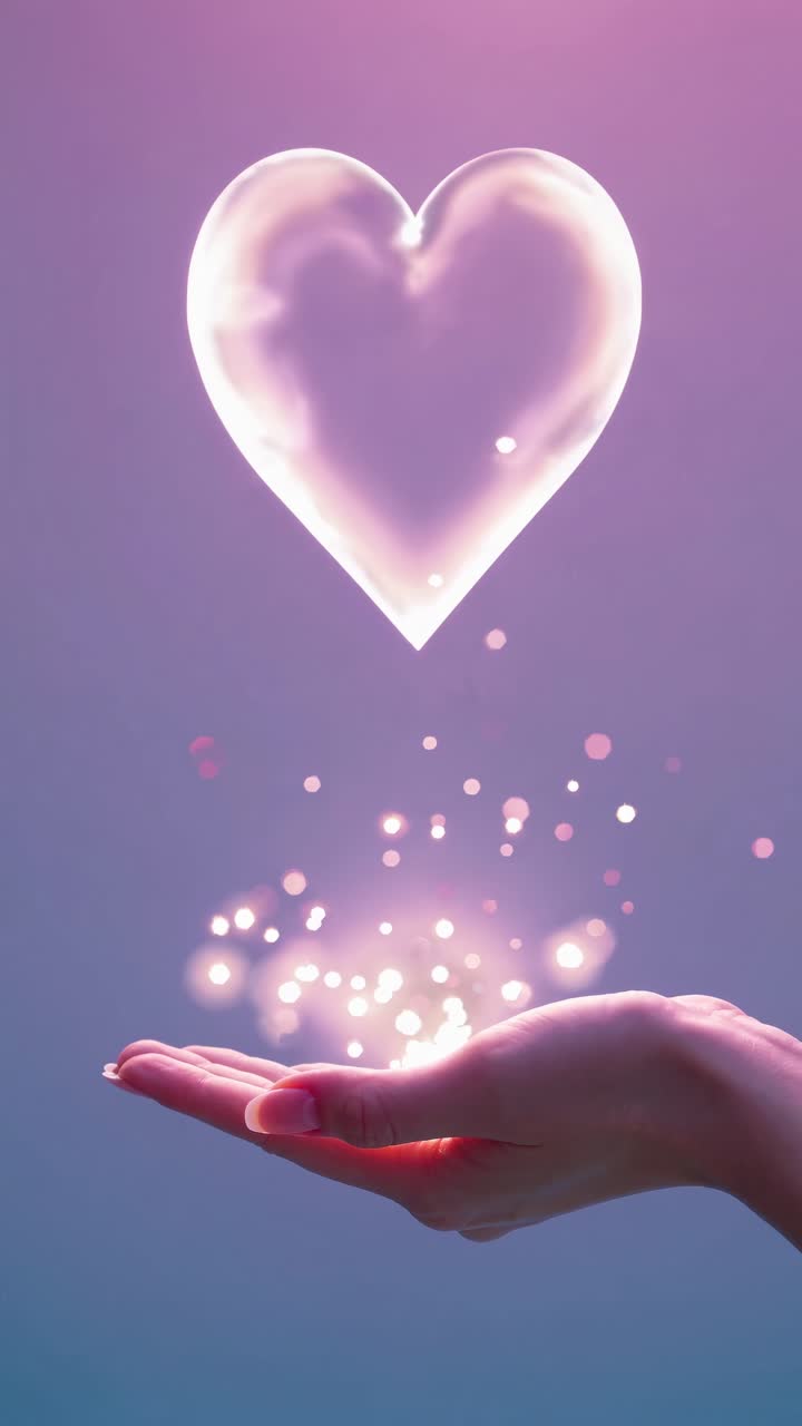 A mystical video concept featuring a close-up of a hand releasing glowing particles, forming a heart