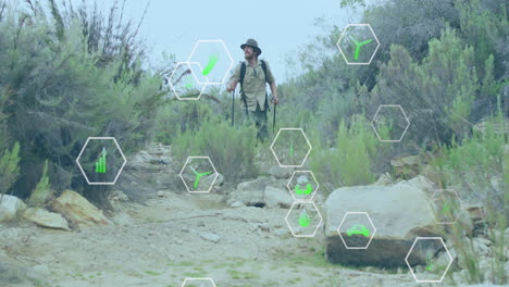 animación de múltiples iconos sobre hombre caucásico con palos de senderismo caminando en el bosque