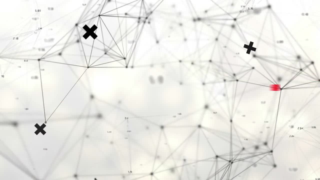 Animazione di crocette nere che ruotano su una rete di connessioni su sfondo bianco.