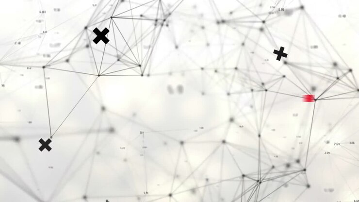 Animazione di crocette nere che ruotano su una rete di connessioni su sfondo bianco.