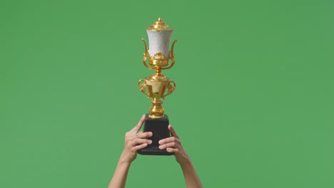 raised hands of a woman are holding a trophy. green screen background