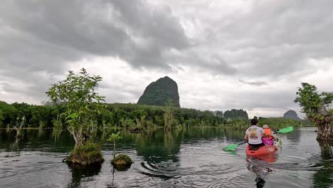 los kayakistas exploran el pintoresco canal rodeado de exuberante vegetación