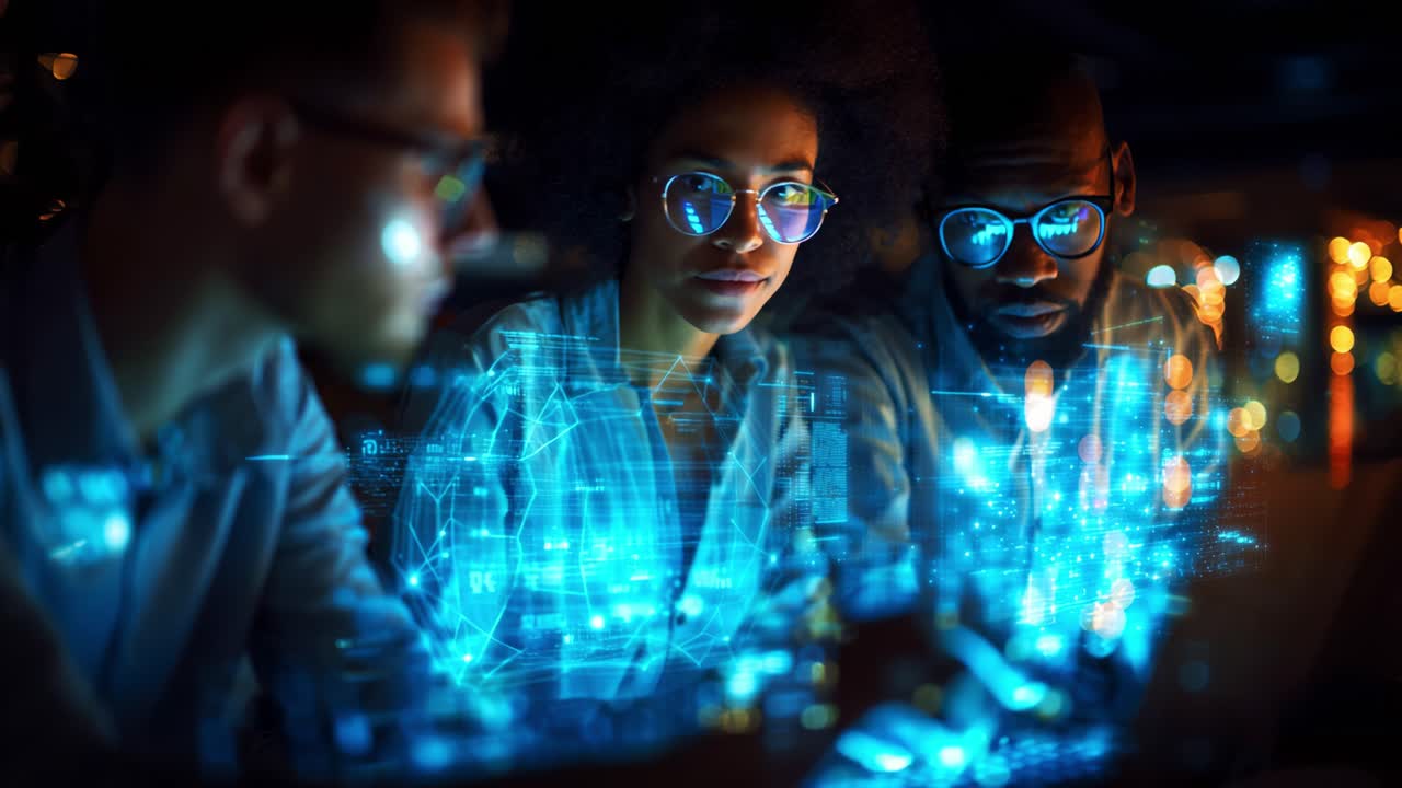 Exploring Innovative Technology: A Trio Analyzing Data Visualizations with Focus and Engagement in a Dimly Lit Environment, Highlighting Collaboration and Digital Insights