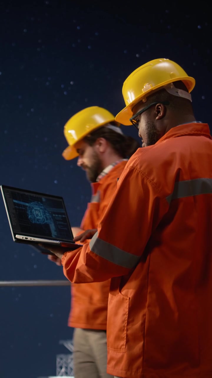 Vertical video Offshore platform expert uses AI monitoring drilling operation during oil crisis
