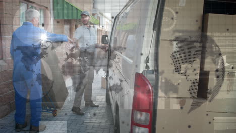 animation of world map over delivery man next to a car