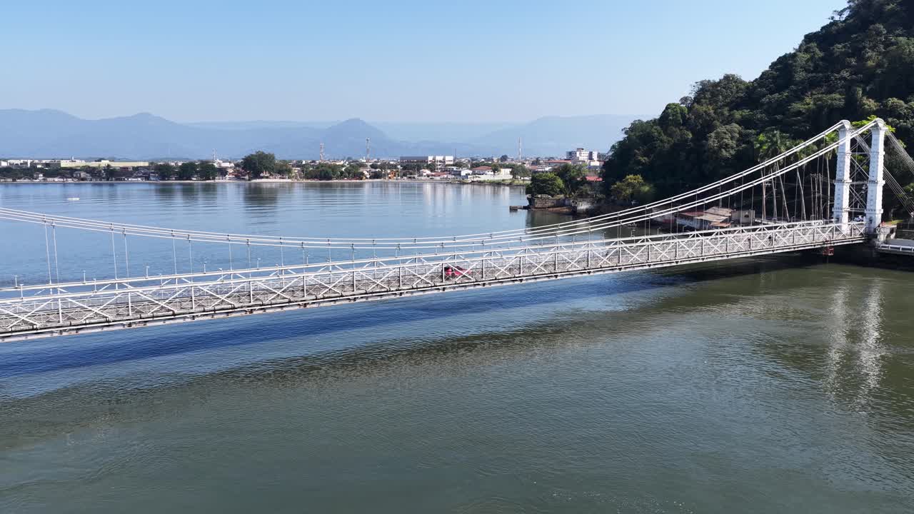 Pensil Bridge At Sao Vicente In Sao Paulo Brazil. Beach Landscape. Downtown Seascape. Travel Destination. Pensil Bridge At Sao Vicente In Sao Paulo Brazil. Cable Bridge Skyline