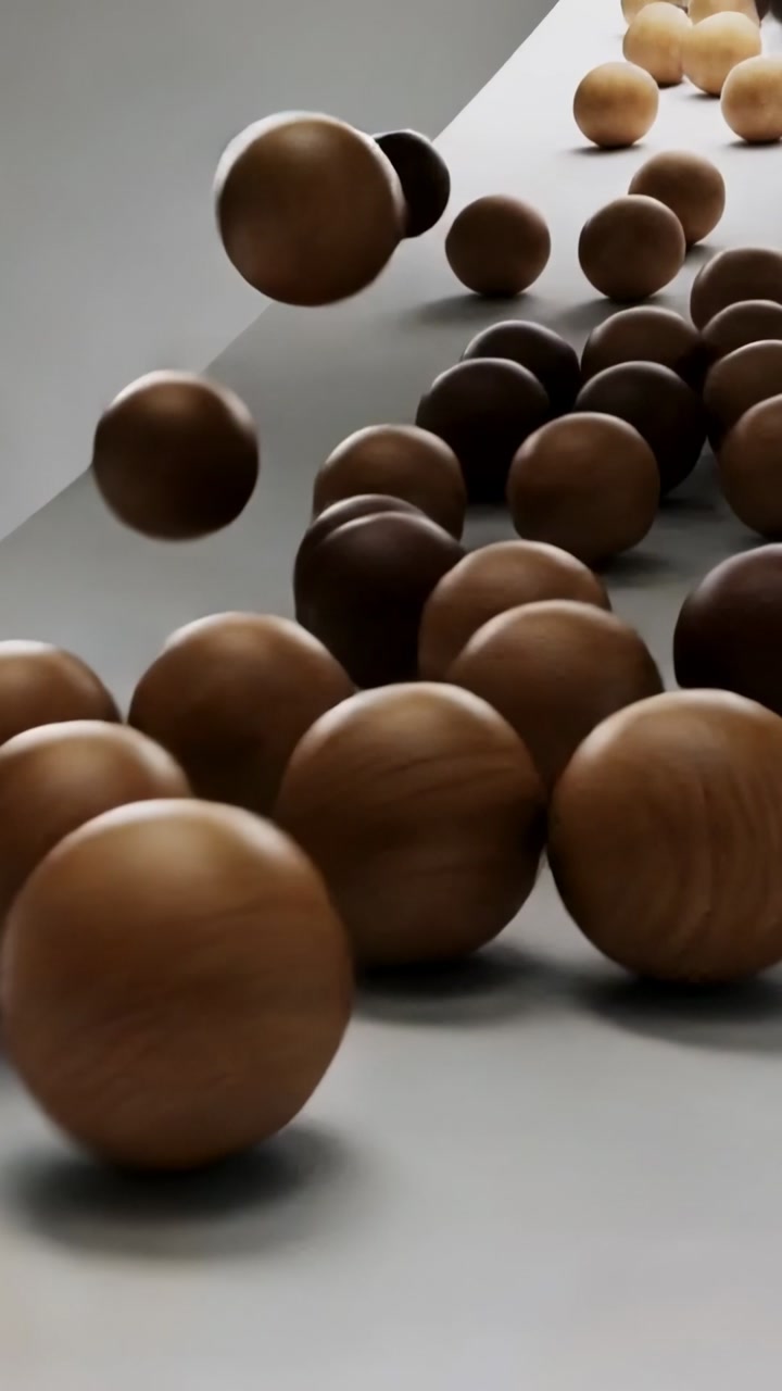 Vertical video: Rolling wooden spheres incoming from top right colliding and piling on matte ramp