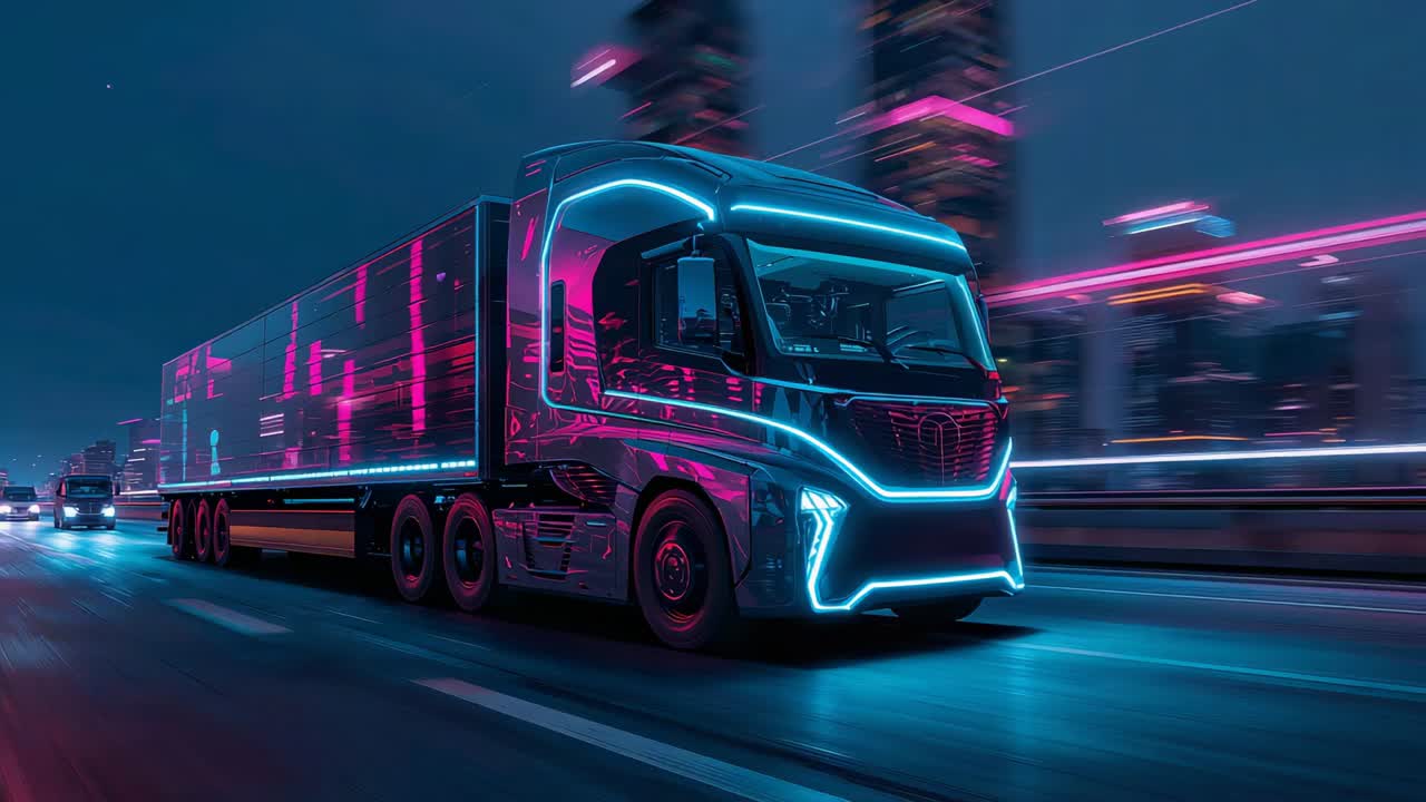 Tracking futuristic semi-truck hauling cargo trailer along urban highway at night, reflecting neon