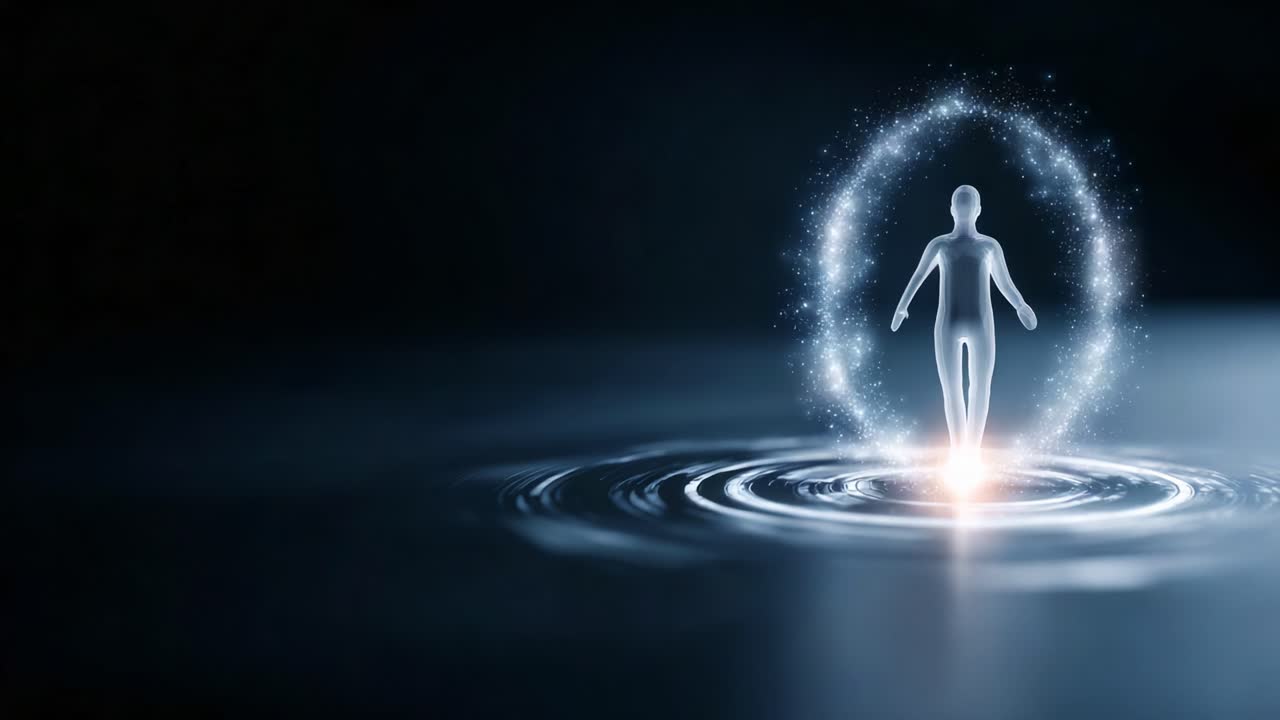 A luminescent figure emerges from a sparkling portal, symbolizing transcendence and exploration, surrounded by gentle ripples in a serene and enigmatic atmosphere