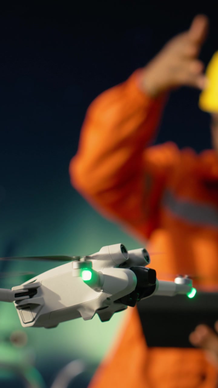 Vertical video Close up of drone used by men on offshore platform dodging transit blockade