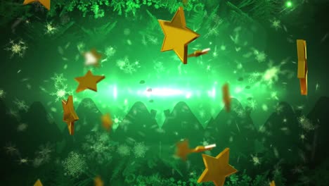 Animation-Von-Goldenen-Weihnachtssternen,-Die-Auf-Grünen-Hintergrund-Fallen