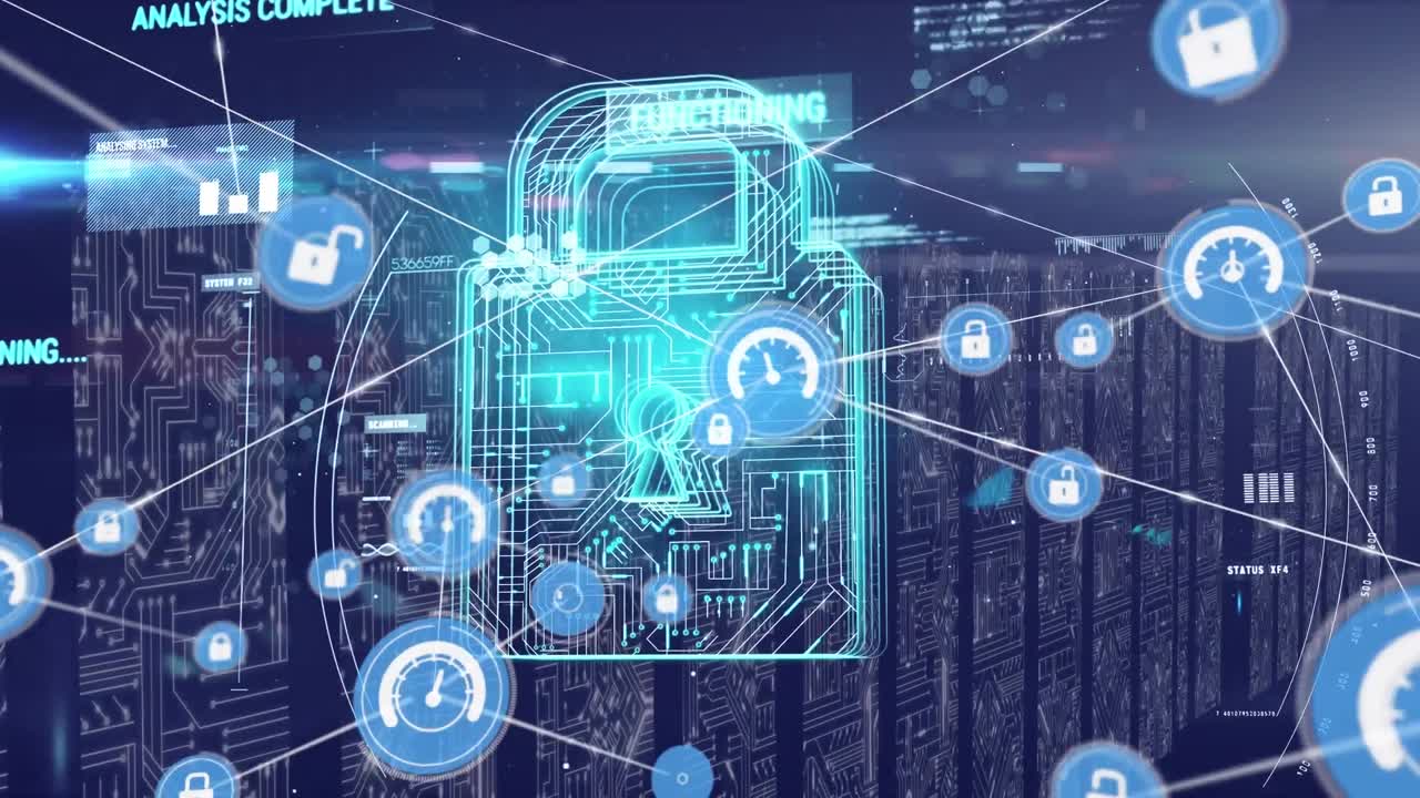 Animation of padlock, network of connections with icons and data processing over computer servers