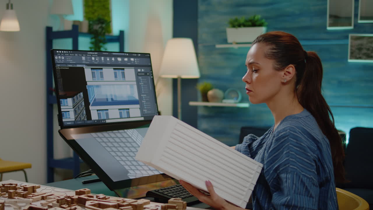 Architect looking at computer with building model