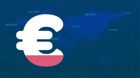 Animation-of-pink-and-white-euro-sign-with-moving-numbers-over-digital-map