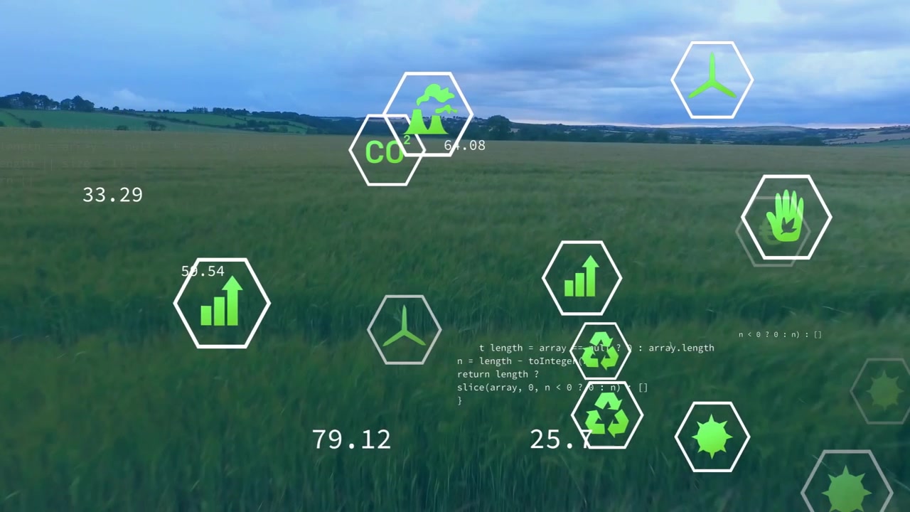 AR-Hex-Symbole werden angezeigt, während eine Drohne über ein Grasfeld fliegt und Wind- sowie CO-Messwerte darstellt.