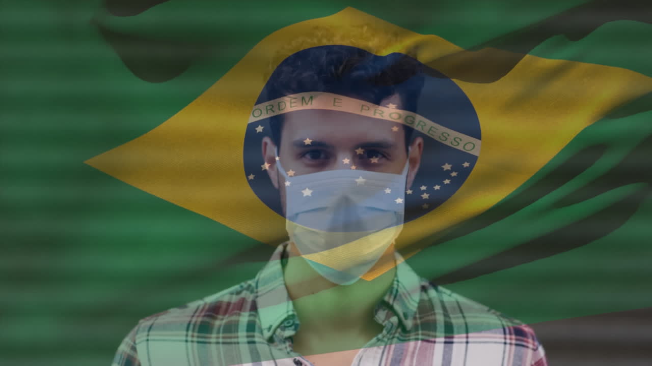 Animaatio Brasilian lipusta liehumassa latinomiehen yllä, kasvomaski päällä, kaupungin kadulla.
