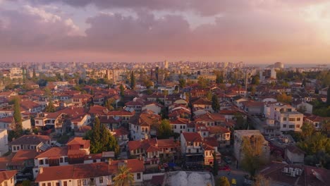 aerial view of an old town at sunset